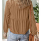 BROWN SMOCKED BUTTON V NECK FLOWY FALL BLOUSE