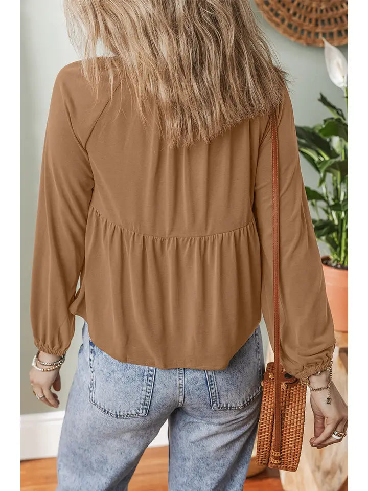 BROWN SMOCKED BUTTON V NECK FLOWY FALL BLOUSE