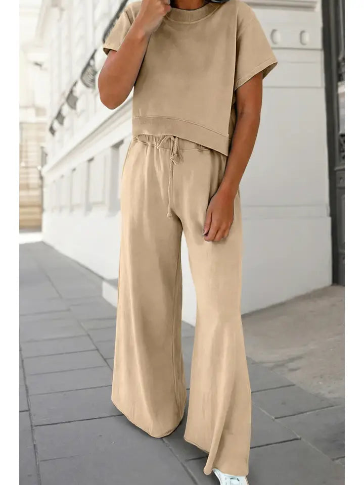 SOFT COLOR TEE & WIDE LEG PANTS 2PC SET - KHAKI