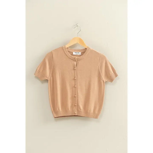 CREW NECK SHORT SLEEVE BUTTONED CARDIGAN  - DARK TAUPE