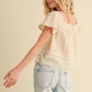 SQUARE NECK DOUBLE FLUTTER SLVS PEASANT TOP W/LACE - ECRU PINK