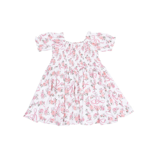 PUFF SLEEVE SMOCKED DRESS - RIBBONS AND FLOWERS