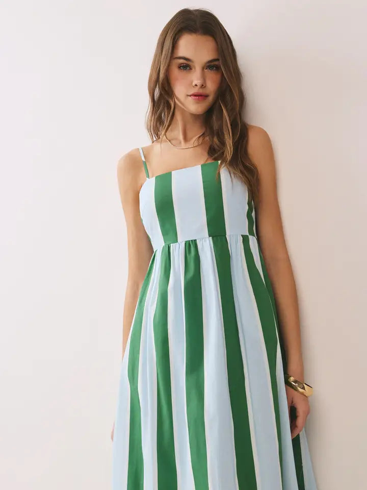 STRIPED BACK SMOCKED DETAIL SIDE POCKET MAXI DRESS - GREEN