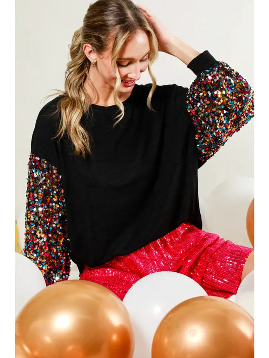 SEQUIN BALLOON SLEEVE SOFT KNIT TOP - BLACK MULTI