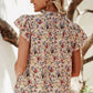 RED BOHO FLORAL FRILLED BUTTON NECK RUFFLE SHORT SLEEVE BLOUSE