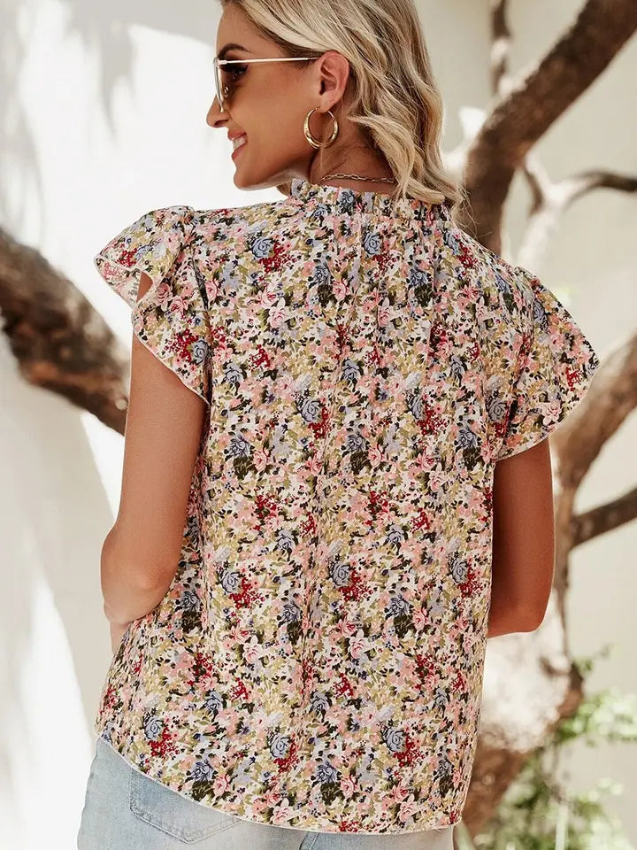 RED BOHO FLORAL FRILLED BUTTON NECK RUFFLE SHORT SLEEVE BLOUSE