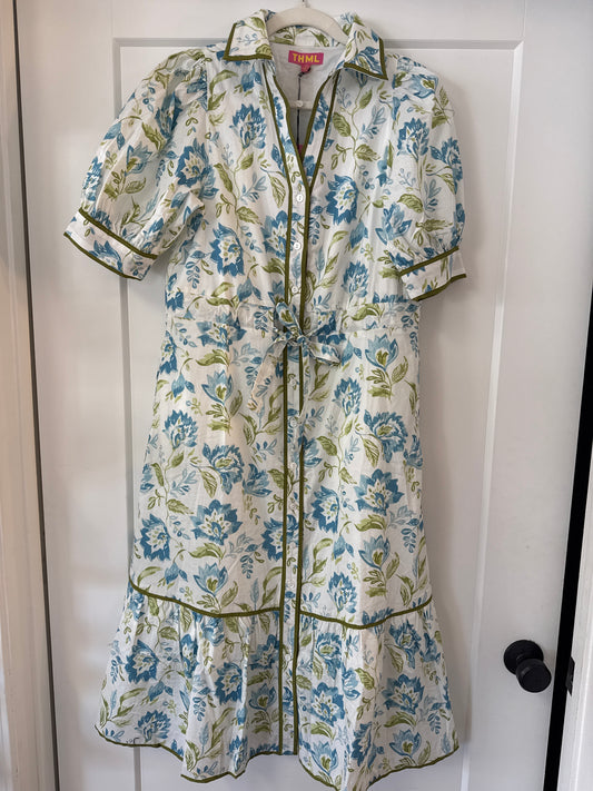 SHORT SLEEVE FLORAL PRINT DRESS - BLUE/GREEN