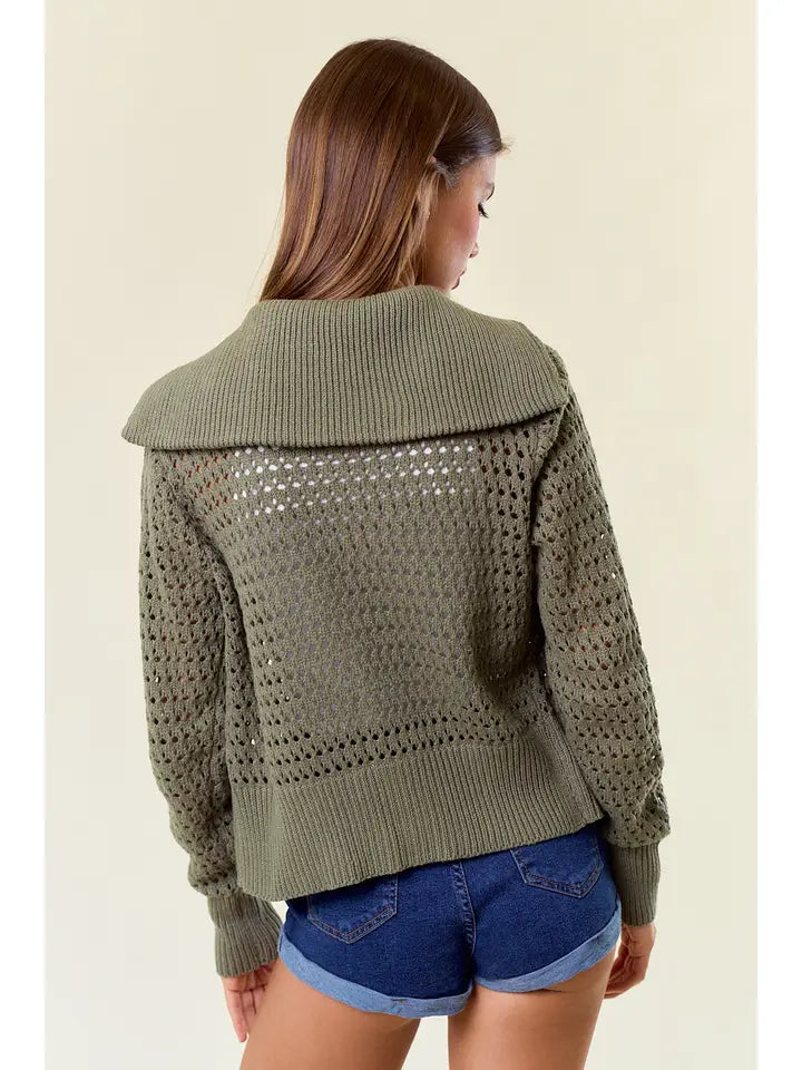 ZIP UP POINTELLE OPEN KNIT SWEATER - OLIVE