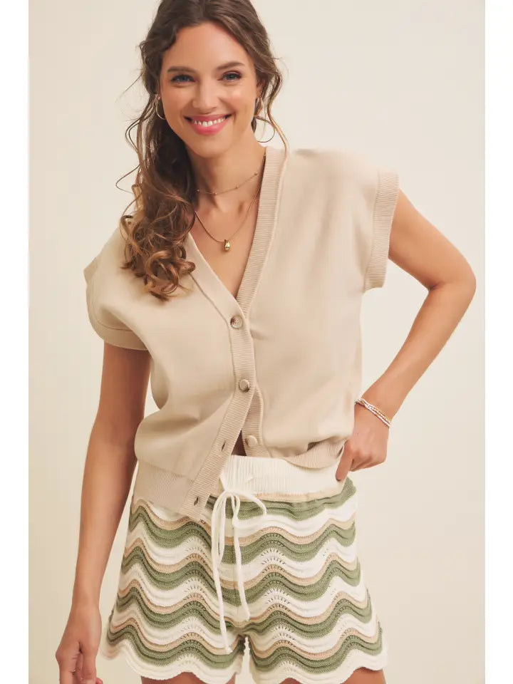 MULTI-WAY SOFT BUTTON DOWN VEST CARDIGAN - NATURAL