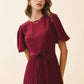 PLEATED WITH SIDE SLIT DETAIL ROUND NECK DRESS - BURGUNDY