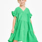 RUFFLE SLEEVE TIERED GAUZE DRESS - GREEN