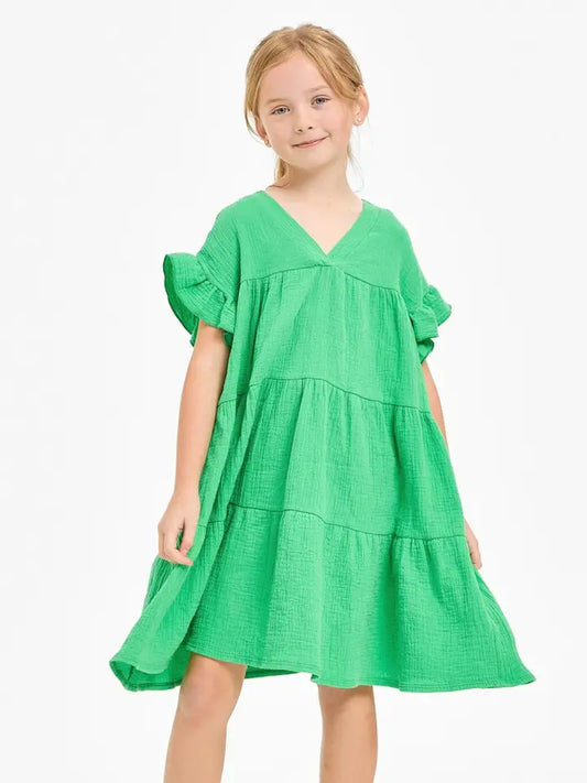 RUFFLE SLEEVE TIERED GAUZE DRESS - GREEN