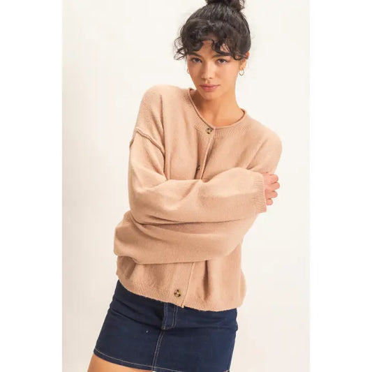CREW NECK LOOSE FIT CARDIGAN - DARK TAUPE