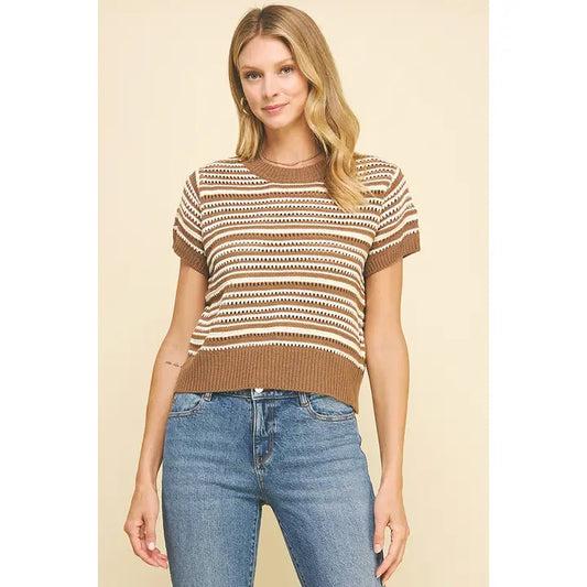 EYELET STRIPE SWEATER - BROWN/IVORY