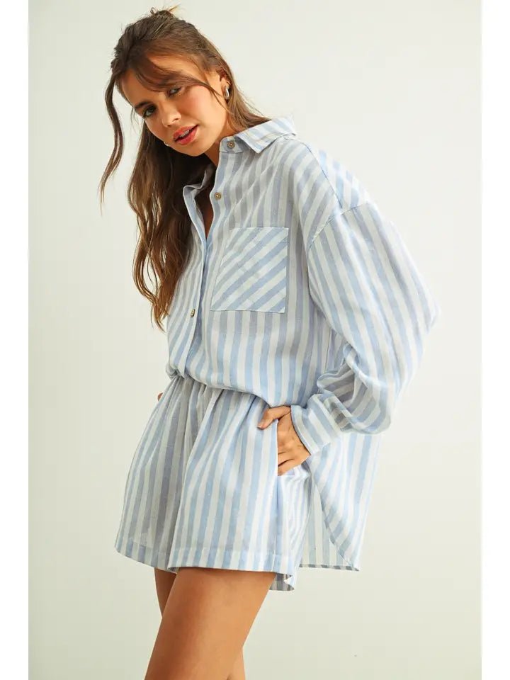 STRIOED BUTON DOWN LINEN SHIRT - BLUE