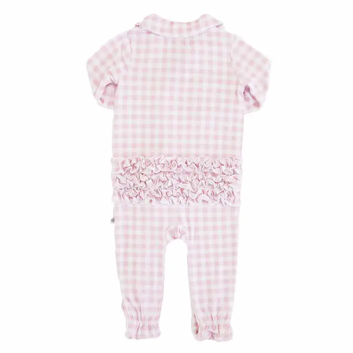 PETER PAN COLLAR RUFFLE ZIPPER FOOTIE - ROSY GINGHAM