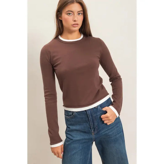 LAYER EFFECT LONG SLEEVE KNIT TOP - DARK BROWN