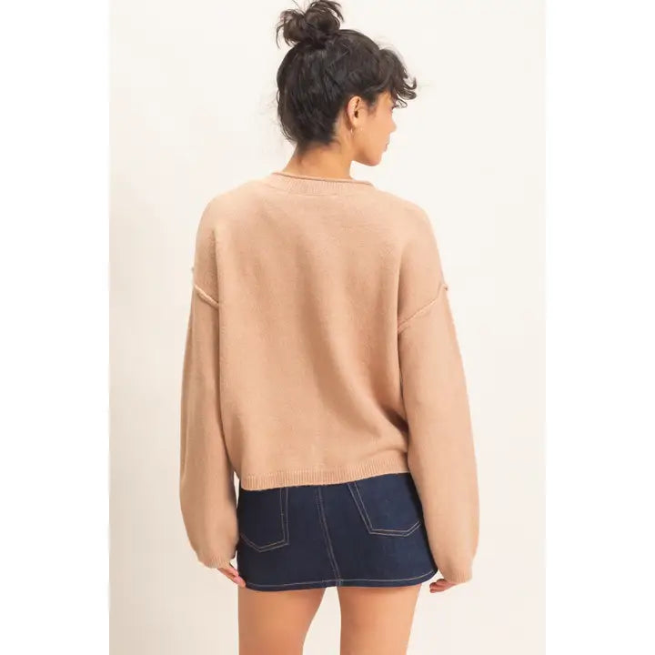 CREW NECK LOOSE FIT CARDIGAN - DARK TAUPE