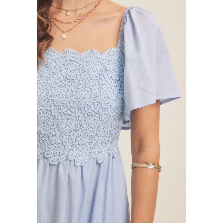 TIERED FLORAL MIDI DRESS - PASTEL BLUE