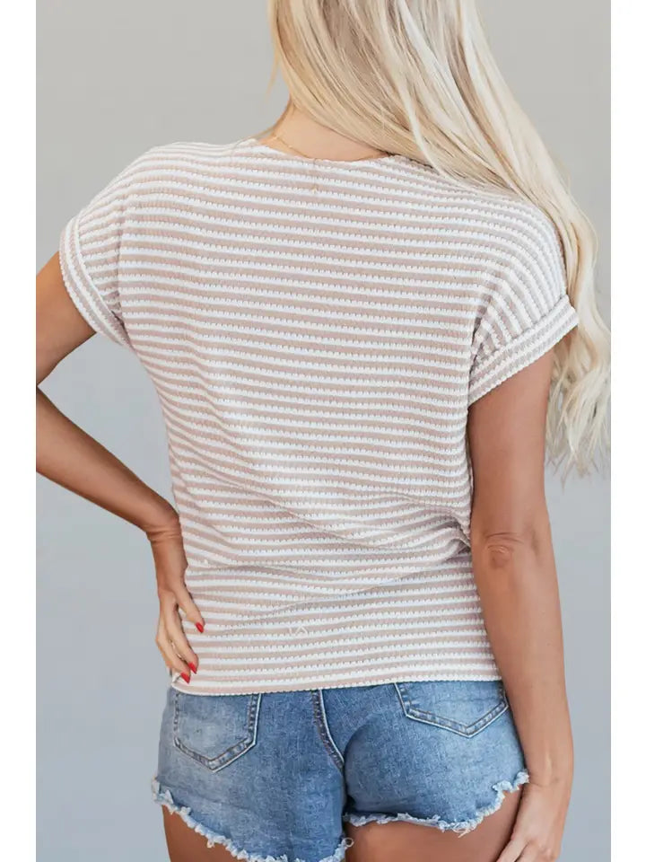 CASUAL STRIPED KNIT BUTTONED FRONT V NECK TSHIRT