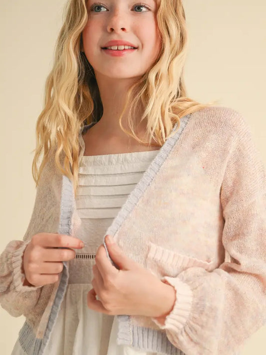 LIGHTWEIGHT CARDIGAN W/POCKETS IN COLORBLOCK - CORAL BLUE