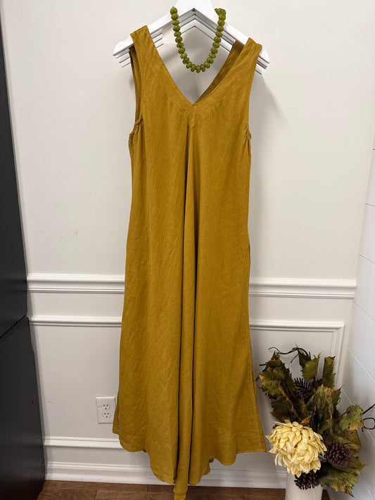 LINEN V-NECK MAXI TANK DRESS - MUSTARD