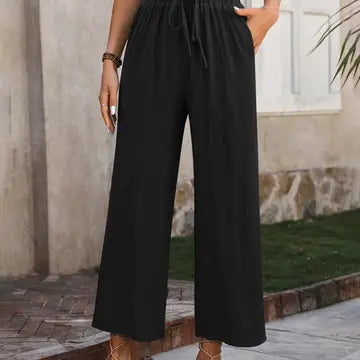 LINEN BLEND DRAWSTRING PALAZZO PANTS - BLACK