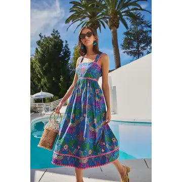 YORI TROPICAL RULLEY PLEATED DRESS - DARK BLUE