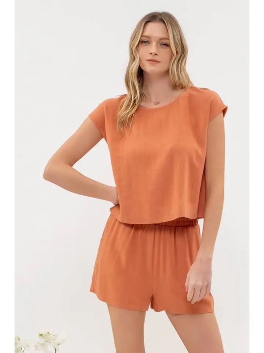 LINEN BLEND TOP AND SHORT SET - TERRACOTTA