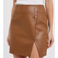 FRONT SLIT FAUX LEATHER MINI SKIRT - CAMEL