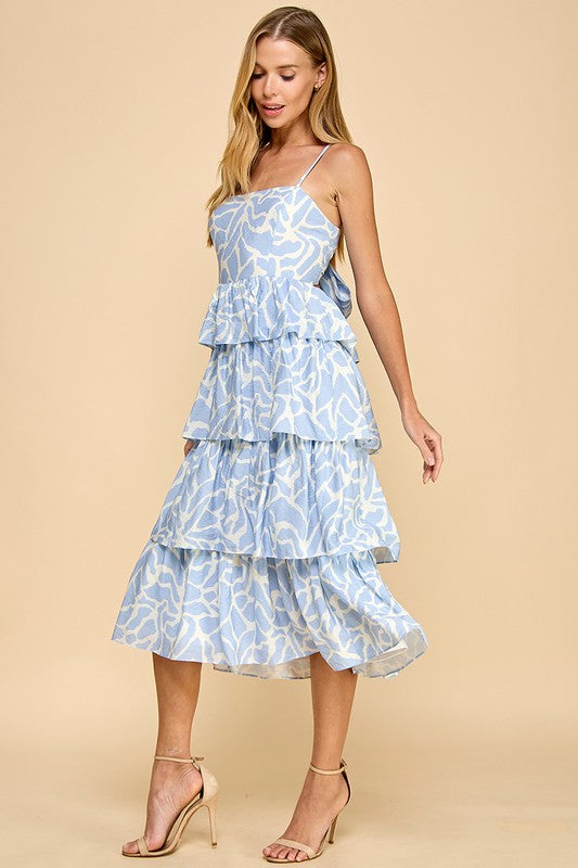 ANIMAL PRINT TIERED RUFFLED SKIRT DRESS - BLUE