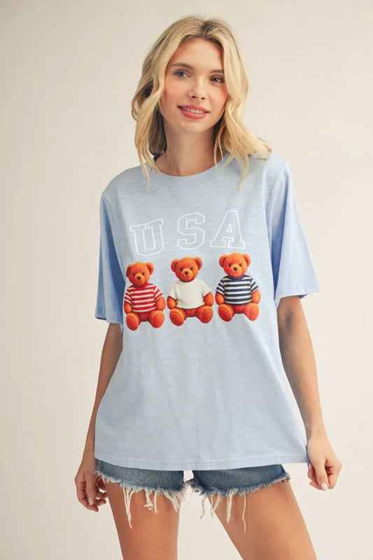 SHORT SLEEVE USA TEDDY BEAR GRAPHIC TOP - BLUE