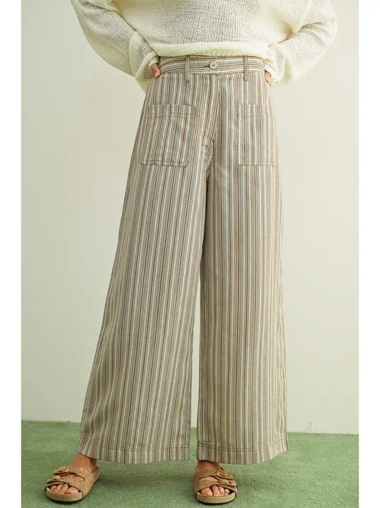 MULTI STRIPE PRINT WITH FRONT POCKET PANTS - STRAW