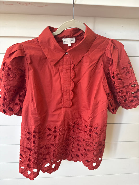 SHORT PUFF SLEEVE TOP WITH EYELET SCALLOPED DETAIL - RUST