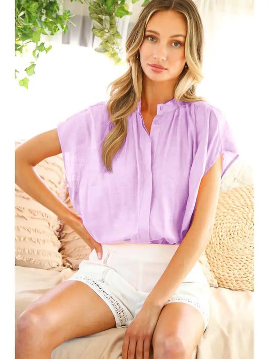 HENLEY NECKLINE BUTTON DOWN SHORT SLEEVE TOP - LAVENDER