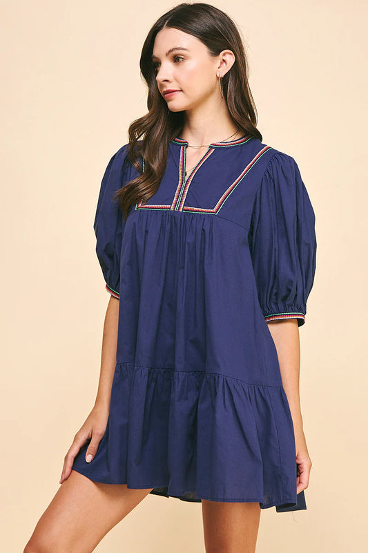 TAPE TRIM DETAIL MINI DRESS - NAVY