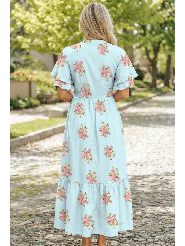 FLORAL PRINT V NECK FLUTTER MAXI DRESS - SKY BLUE