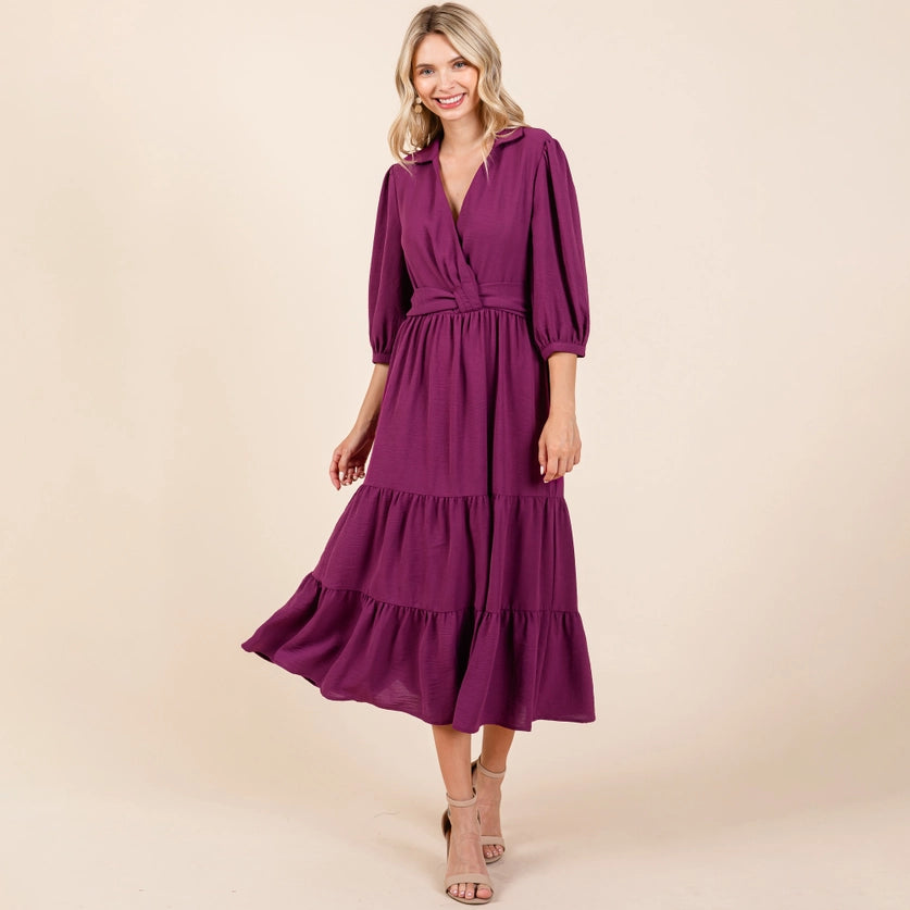 COLLARED V NECK SMOCKED WAIST DRESS - PURPLE