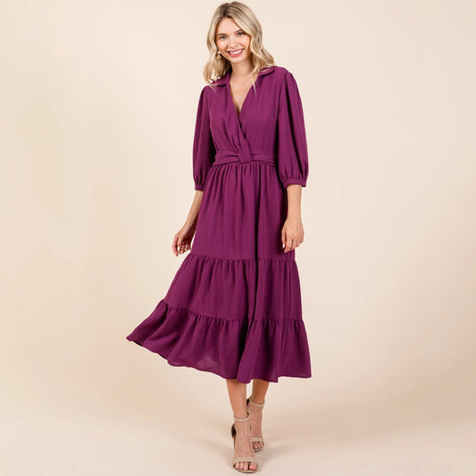 COLLARED V NECK SMOCKED WAIST DRESS - PURPLE