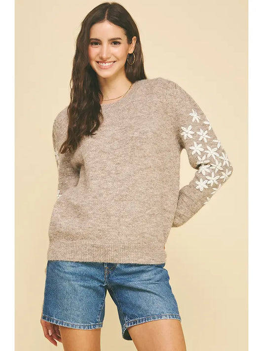 FLORAL EMBROIDERED DETAIL SWEATER - MOCHA