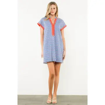 CONTRAST TRIM SPLIT NECK MINI DRESS - BLUE
