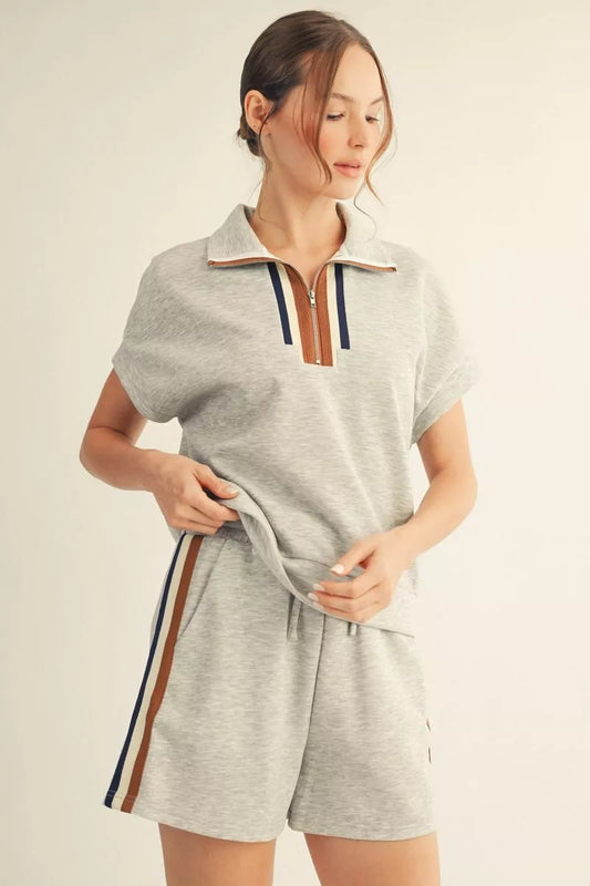 DROP SHOULDER ZIP UP TOP W/DRAWSTRING WAIST SHORTS SET - H. GREY