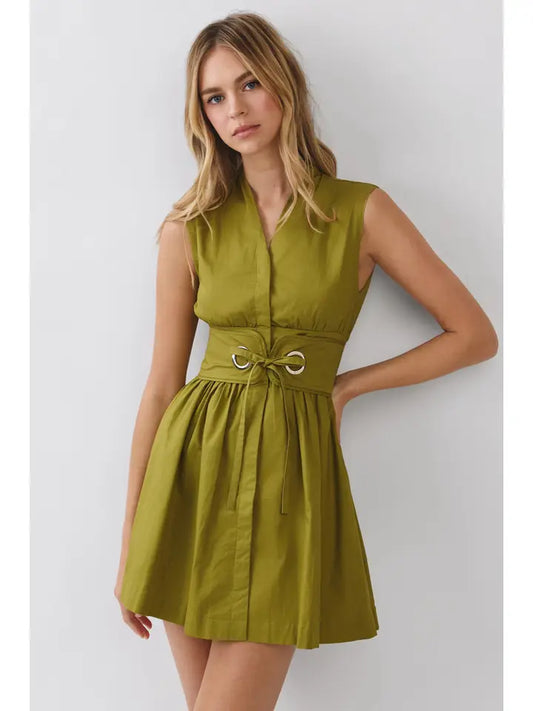 SLEEVELESS FIT FLARE & FLARE WAIST BELT MINI DRESS - OLIVE