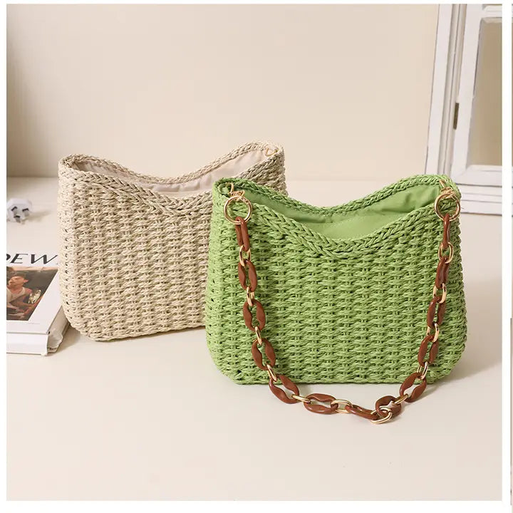 STRAW SHOULDER BEACH BAG - KHKAI