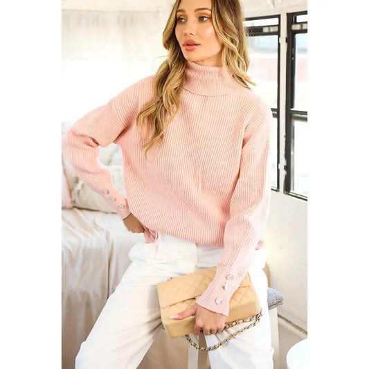 TURTLENECK PEARL BUTTON DETAIL KNITTED SWEATER - BLUSH