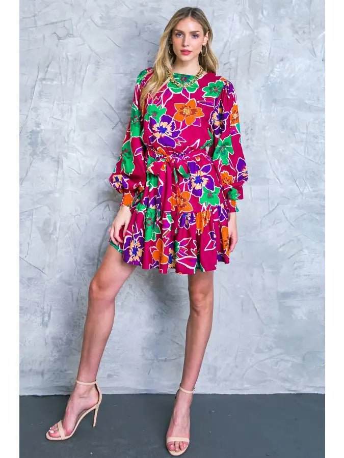 A PRINTED WOVEN MINI DRESS - MAGENTA