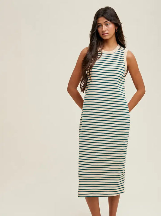STRIPED MIDI RIBBED KNIT DRESS - TAUPE/GREEN