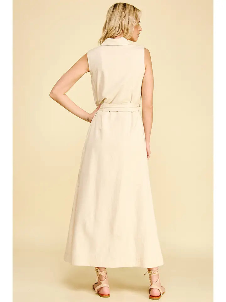 LINEN SLEEVELESS MAXI DRESS - OATMEAL