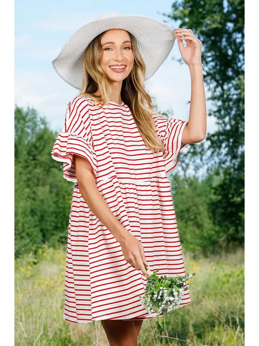 STRIPED ROUND NECK BABY DOLL MINI DRESS - WHITE/RED