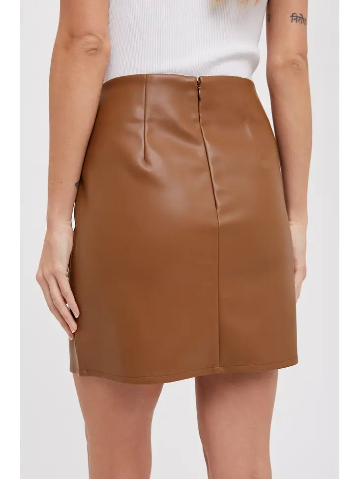 FRONT SLIT FAUX LEATHER MINI SKIRT - CAMEL